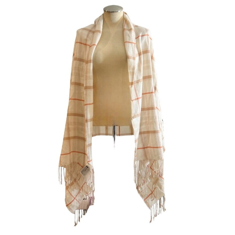 H&M Women's Plaid Fringe Scarf Wrap Shawl Cream Orange Tan - Picture 2 of 9
